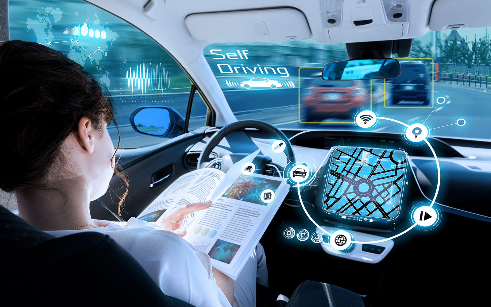Autonomous cars will let you read a book while traveling.