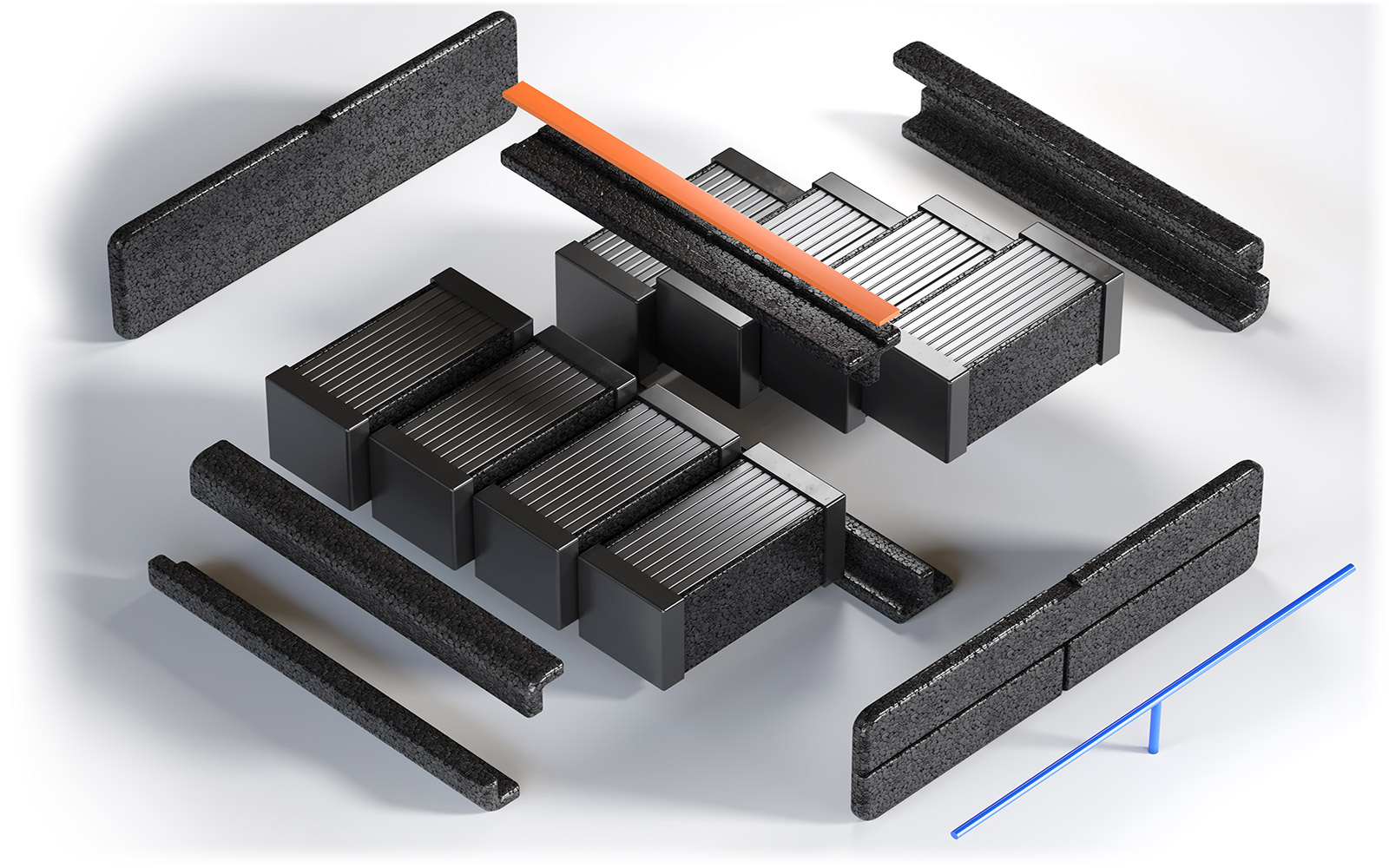 Batteries de construction robustes en matière plastique expansée (PPE) avec des caractéristiques de suppression de chocs.